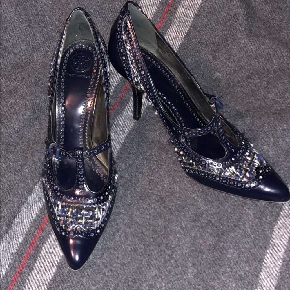 Gorgeous navy patent and tweed Tory Burch heels 10